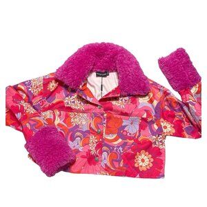 Pretty Little Thing Floral Jacket Women Size O NEW Borg Collar and Cuff Cropped